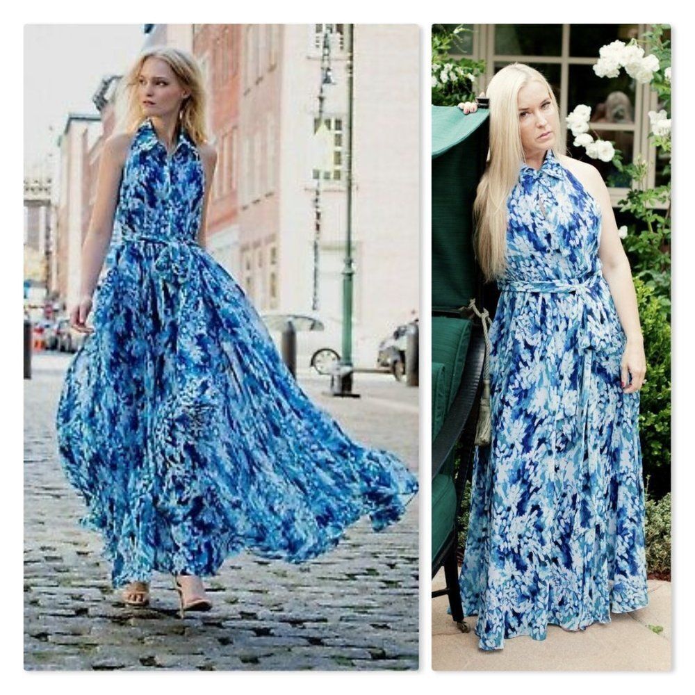 Badgley Mischka Collection Printed Button-Front Halter Shirt Gown- NEW